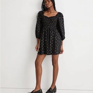 Madewell Black Smocked Dress with Gold Accents NWT
